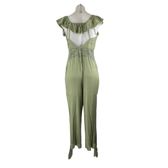 Free People In The Moment Green Floral Embroidered Off The Shoulder Jumpsuit 2 - Picture 3 of 5
